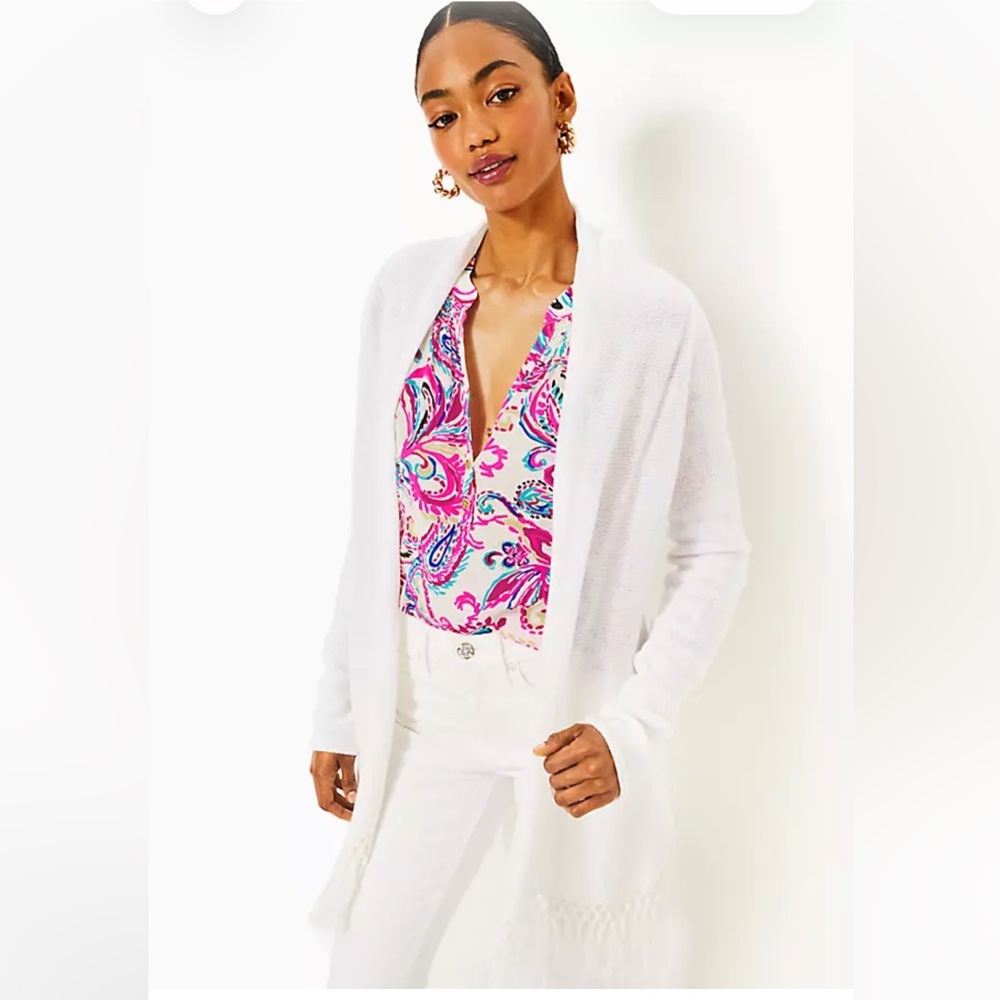 Lilly Pulitzer Tatum Cardigan Women's White Open-Front fringe nwt XL